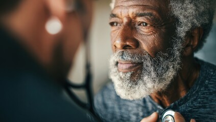 A doctor checks the heart rate of an elderly African American man.