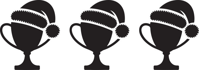 Three trophies wearing santa hats celebrating holiday victories silhouette