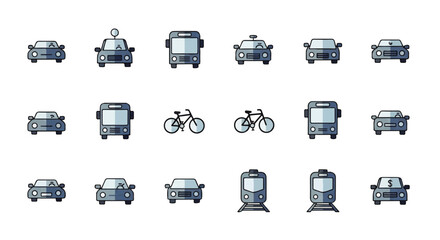 A comprehensive collection of simplified 2D flat design transport icons, featuring various vehicles like cars, buses, bikes, and trains, perfect for digital interfaces and modern graphic projects