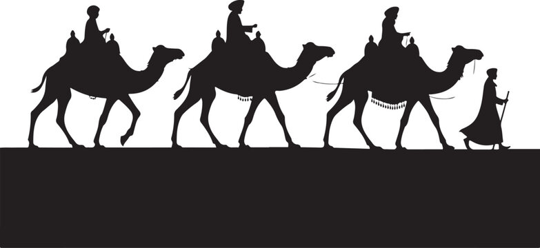 Three wise men camels silhouette vector illustration christmas nativity scene
