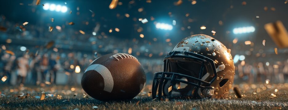 American football helmet and ball on field during celebration lights - Powered by Adobe