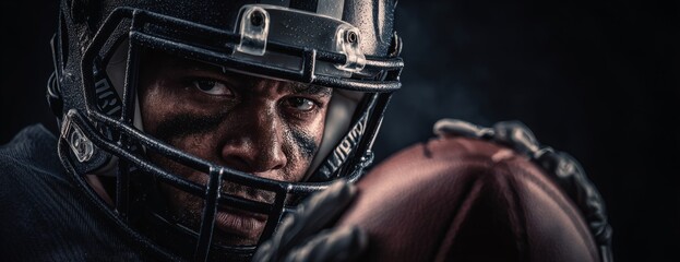 American football player black man wearing a helmet and holding the ball, close-up photo