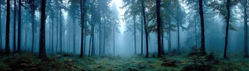 Fototapeta premium A deep forest with ghostly forms at dusk concept. Mystical forest shrouded in blue mist, creating a serene ambiance.