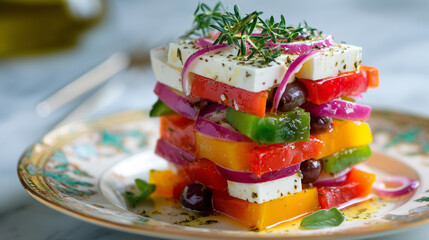 Colorful vegetable tower with feta cheese and olives in a cozy restaurant