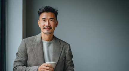 A handsome asian businessman holding a coffee cup in a modern office.