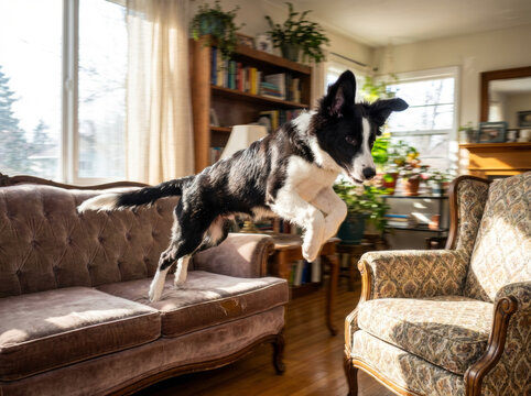 Chien acrobate bondissant de joie entre les fauteuils d&rsquo;un salon ensoleill&eacute;

