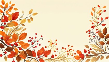 seasonal invitation border featuring handpainted autumn foliage and berry illustrations on light cream setting