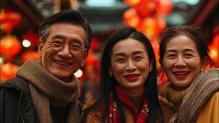 Asian family smiling together under red lanterns during Lunar New Year festival  