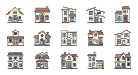 Detailed architectural icon pack featuring diverse house designs for various purposes
