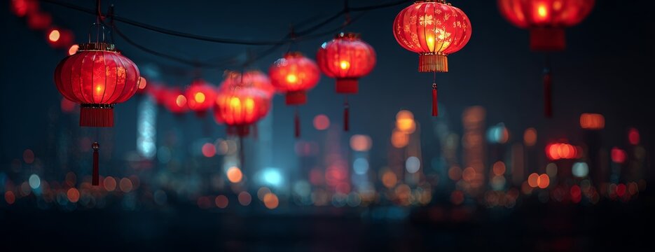 Red Chinese lanterns illuminated at night with city skyline in background   - Powered by Adobe