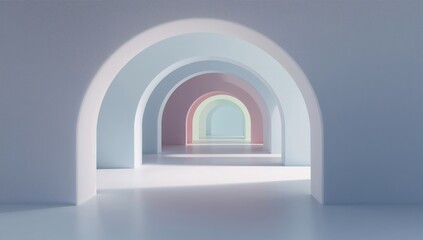 Fototapeta premium Abstract architectural interior with archways in pastel colors and perspective