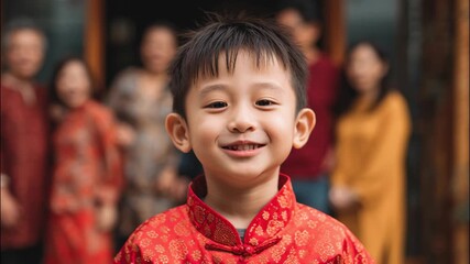 Asian child boy smiling while wearing traditional red outfit during Chinese New Year 