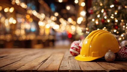 Hard hat and Christmas decorations on a wooden table background.