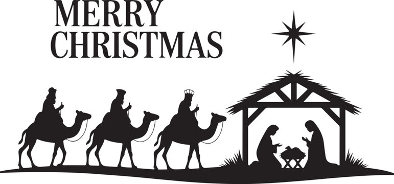 Vector illustration Birth of Christ, baby Jesus reaching the Magi bear gifts, three wise kings and star of bethlehem, nativity christmas graphics design elements - Powered by Adobe