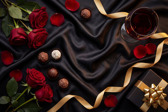 Elegant black gift box with gold bow and red roses on dark satin fabric. Romantic Valentine's Day present concept. Top view of chocolate truffles and red wine glass. Anniversary surprise background.