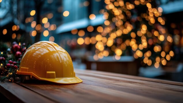 Hard hat and Christmas decorations on a wooden table background.