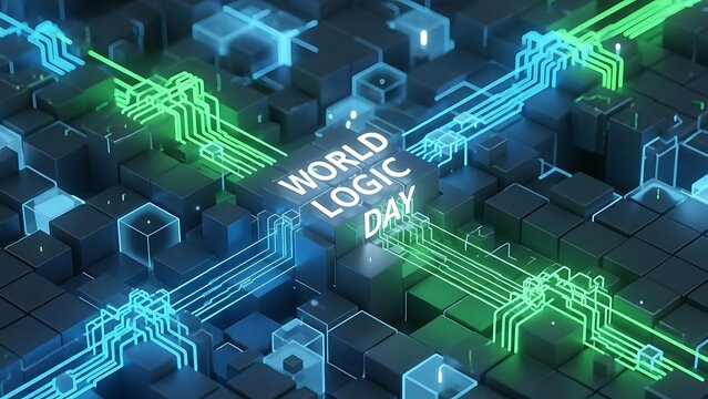 World logic day on a chip with blue and green circuit patterns and dark cube background design concept