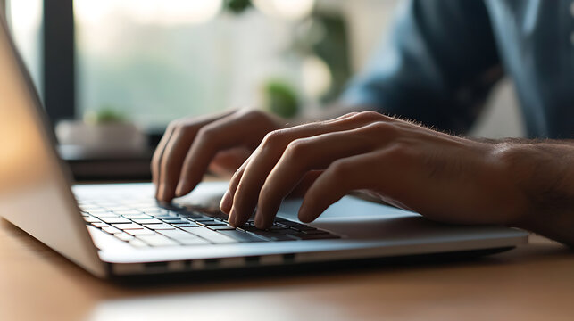 Close-up of hands typing on a laptop keyboard with shallow depth of field. Focus on keys being pressed. Warm, natural light. Modern workspace. Professional or personal use.