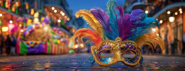 Colorful Mardi Gras mask on street during evening celebration  