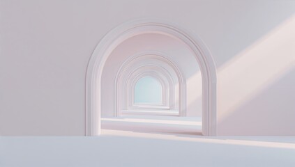 Fototapeta premium Abstract architectural design featuring a series of arched doorways in a minimalist aesthetic bathed in soft sunlight creating depth and perspective