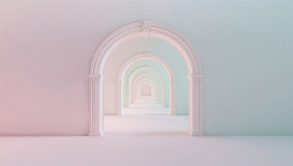 Fototapeta premium Arched passageway architectural design in pastel colors with symmetrical perspective leading to infinity