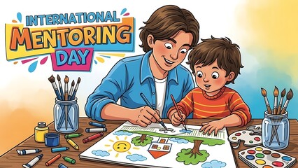 A man and a child drawing together on international mentoring day with art supplies on table