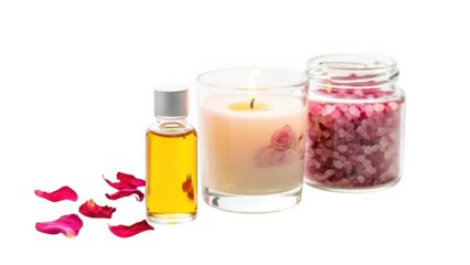 Aromatherapy set with candle oil and bath salts isolated on transparent background