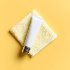 Fototapeta premium A clean white tube of cream sits on a soft yellow towel against a cheerful yellow background, promoting relaxation.