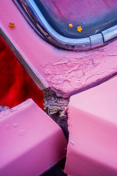 Cracked Pink Surface Of Authentic Old Car 