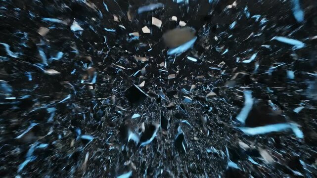 Fast aggressive animation of a dark geometric plane fracturing into countless sharp illuminated polygon shards against a deep abyss hi-tech, polygon, dynamic