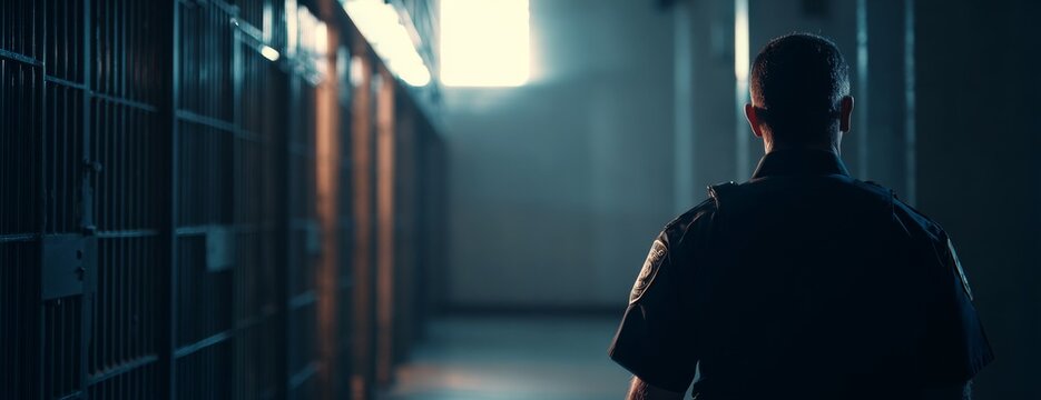 Police officer standing in prison hallway observing cell blocks  