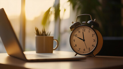 Time to work: laptop and alarm clock on a desk bathed in warm sunlight, a cozy corner for productivity. Green plants add a touch of nature to the workspace.