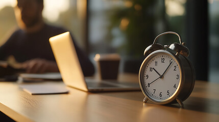 Vintage clock on wooden desk with laptop and person in the background. Morning concept, time management for business and education. Workspace in office or at home, cozy.