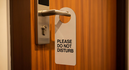 Please Do Not Disturb Door Hanger Sign on Wooden Hotel Room Door Handle