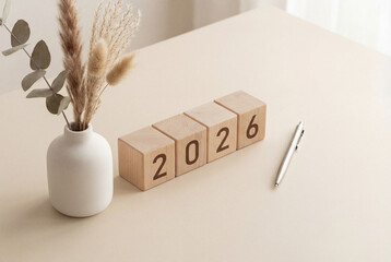 Wooden cube calendar blocks showing 2026 on beige desk. Minimalist workspace with dried flowers and pen. Business planning and goals concept. High angle view of office table.