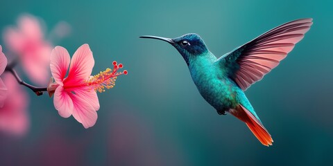 Fototapeta premium jungle wildlife concept Vibrant hummingbird hovering near pink flower.
