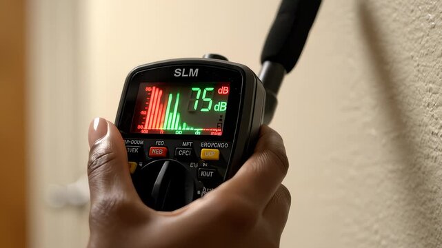 Hand Holds Sound Level Meter Against Wall for Noise Measurement