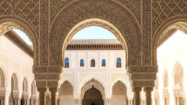 Magnificent architecture of the Hassan II Mosque featuring intricate archways and geometric