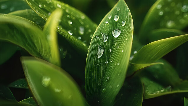 Close-up of vibrant green leaves adorned with droplets of water, showcasing nature's beauty and freshness.