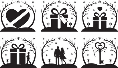 Winter holiday love scene silhouettes with gifts, couple, and snow. isolated on white background, Vector, illustration