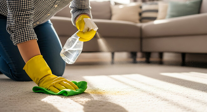 Person cleaning a stain on a carpet with a green cloth and spray bottle