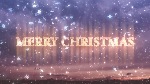 金色の光るクリスマスのテキスト　雪の結晶の降る背景　merry christmas のロゴ　お祝い・休日のデコレーション