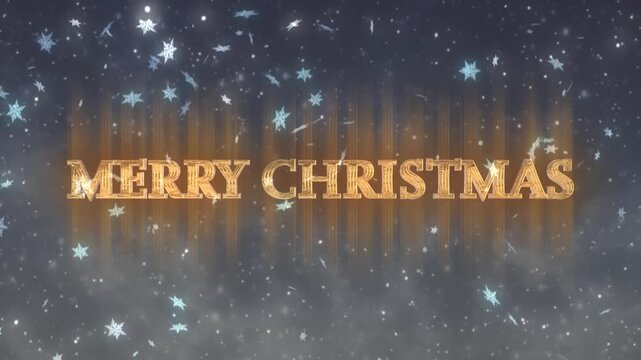 金色の光るクリスマスのテキスト　雪の結晶の降る背景　merry christmas のロゴ　お祝い・休日のデコレーション