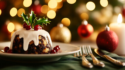 A close-up of a festive holiday pudding with white icing, holly, and cherries, evoking warmth and cheer. The ornaments and soft lighting enhance the cozy ambiance.