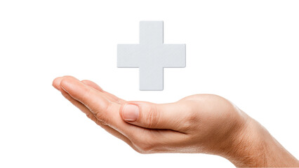 Obraz premium Hand Holding White Plus Sign: Healthcare, Addition, Support Concept