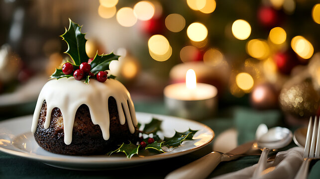 Festive dessert served with lit candle & holiday lights. Rich cake w/ white icing, berries, & holly is placed atop a table setting for a cozy celebration.
