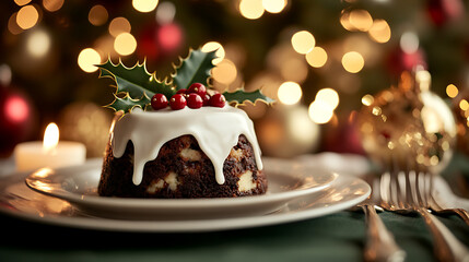 Festive holiday pudding with white sauce glaze, holly and berries against blurred lights background. Traditional dessert for happy new year celebration at cozy home.