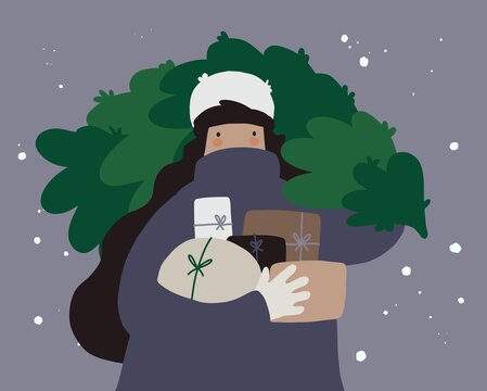 A woman holding a freshly bought Christmas tree.