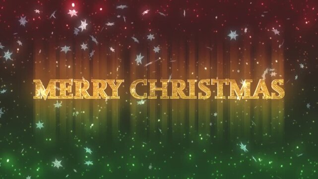 金色の光るクリスマスのテキスト　雪の結晶の降る背景　merry christmas のロゴ　お祝い・休日のデコレーション