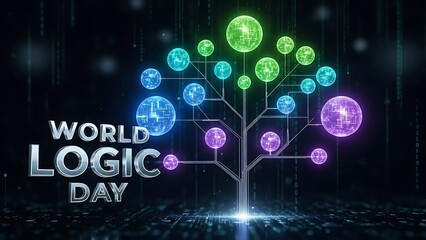 World logic day with a digital tree of glowing spheres on a dark technology background design art